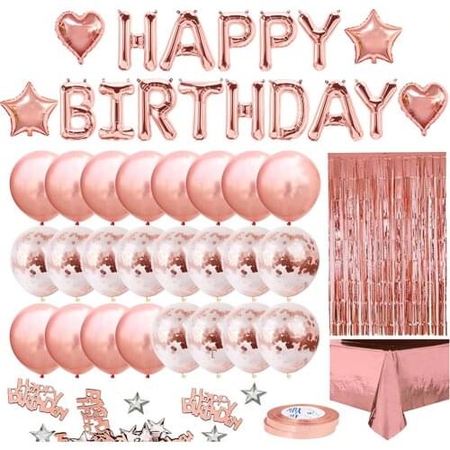 Rose gold balloon setbirthday party decorations ,rose gold rain silk tablecloth decoration set ,Girls Women Heart Star Meeting