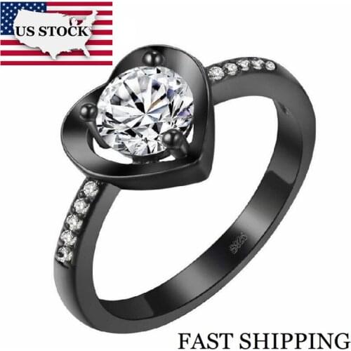 US STOCK Uloveido Silver Color Wedding Jewellery Womens Ring Black Heart Ring Female Anel Halloween Bague Jewelry Marriage J673