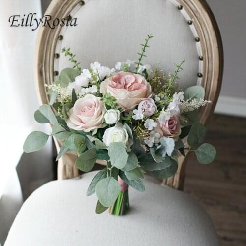 EillyRosia Vintage Bridal Bouquet Country Wedding Decoration Pink Eucalyptus Romantic Outdoor Wedding Flower Artificial Faux