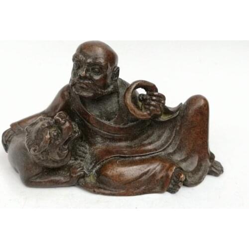 YIZHU CULTUER ART Collection Old China Bronze Carving Tiger Buddhism Buddha Statue Decoration