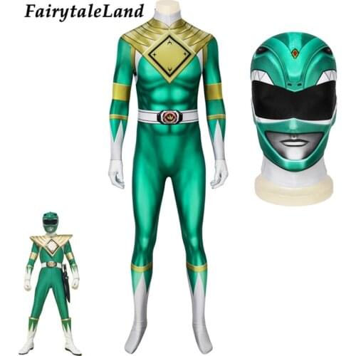 Green Ranger Cosplay Jumpsuit Halloween Superhero Dragon Burai Printing Zentai Fancy Adult Bodysuit Mask