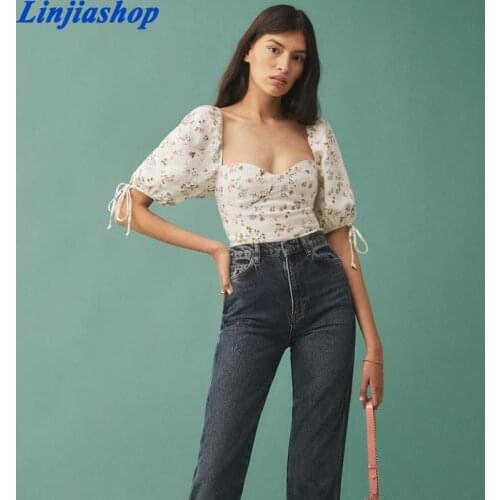 2021 summer Women Elegant floral Back Elastic Cropped shirt Mujer puff sleeve top Printed Blusas Lady Tube Top tops Femme