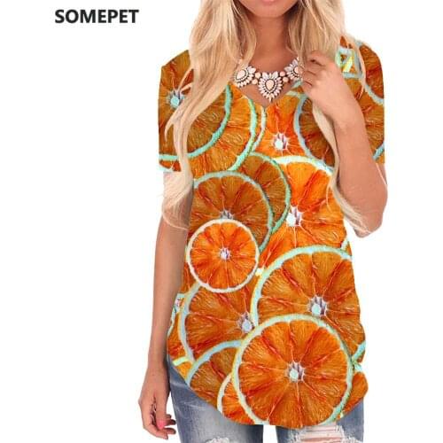 SOMEPET Orangeo T Shirt Women Food Tshirts Printed Pattern Funny T shirts Harajuku V-neck Tshirt Womens Clothing Punk Rock Cool