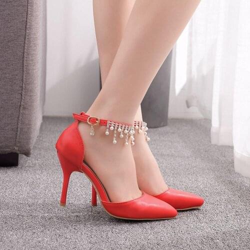 Woman Shoes Summer Sandals Point Toe Ankle Strap Party High Heels Pumps 9CM High Thin Heel Sandals Lady WEDDING