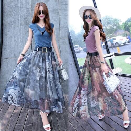 2021 Summer Womens Clothing Fashion Casual V-neck Short-sleeved T-shirt Chiffon Midi Skirt Two-piece Suit Waist Was Thin
