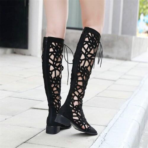 Autumn Hot Lace Up Slim Boots Non-slip Breathable Womens Knee-High Boots Square Head Soft Flock Woman Sexy Openwork Boots Black