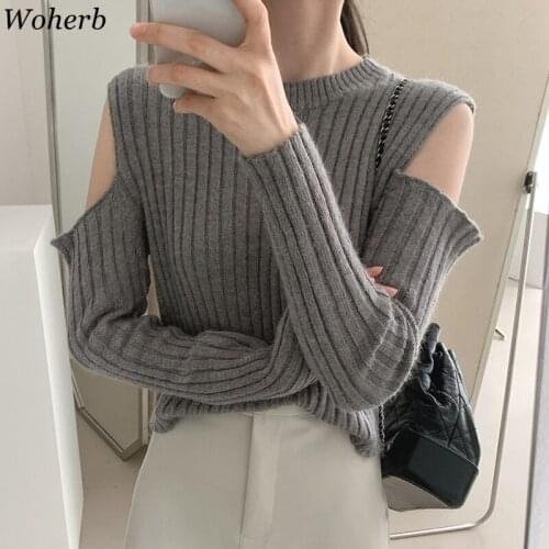 Woherb Women Sweaters Korean Chic Autumn Solid Off Shoulder Sexy Jumper Retro Pull Femme Elegant 2021 Ins Sueters De Mujer