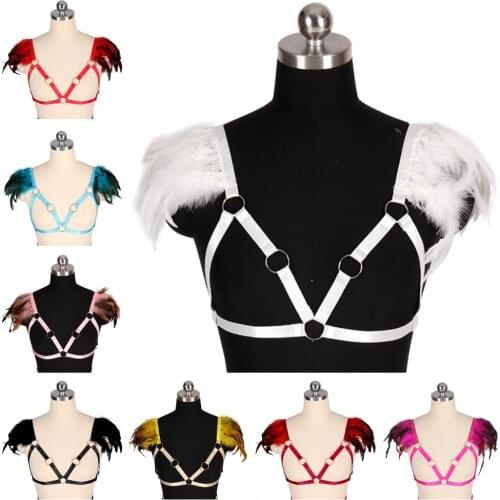 Women Feather Chest Harness Crop Tops Erotic Lingerie Sexy Body Bondage Pole Dance Halloween Costume Exotic Accessories Fetish