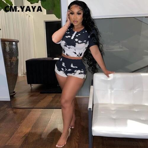CM.YAYA Women Set Print Short Sleeve Button O-neck Crop Tops Strechy Shorts Two 2 Piece Sets Active Tracksuit Summer Outfits