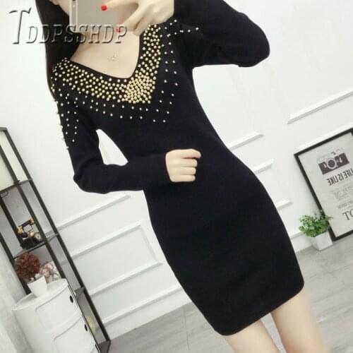 2019 Autumn Winter Korean Long Sleeve Knitting Women Dress Beading Slim Female Dresses