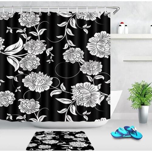 Black and White Blossom Flowers Fabric Shower Curtain Bath Mat Waterproof Polyester Bathroom Curtain with Hooks Home Decoration
