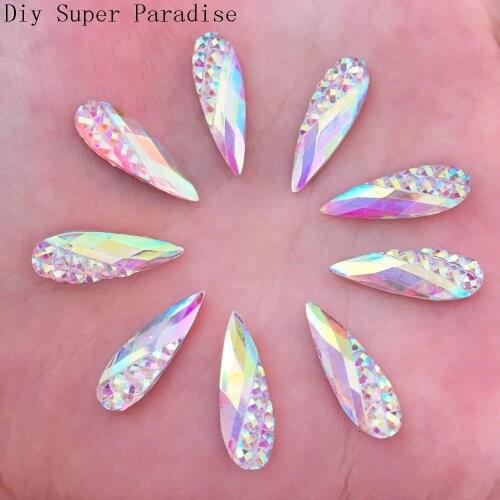 DIY 40pcs 6mm*20mm AB Drop Resin Flatback Rhinestone Wedding Buttons Craft/white F155