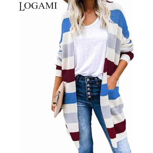 LOGAMI Long Color-block Pocket Knitted Cardigan Womens Long Sleeve 2020 New Autumn Winter Sweaters