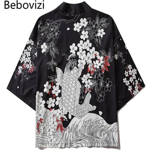 Bebovizi Harajuku Cherry Blossoms Koi Kimono Japanese Traditional Clothes for Men Women Loose Robe Streetwear Cardigan Haori Obi