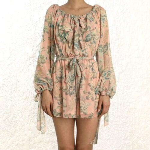 High Quality 2018 Autumn/fall Flower Slash Neck Long Sleeve Beach Playsuit Elegant Chic Romper