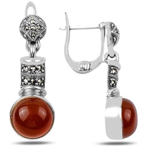 KUTAYDAN Marcasite & Red Agate Stone Dangle Earrings 925 Sterling Silver