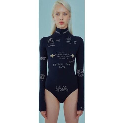 Hipster Fashion print letter skinny casual turtleneck long sleeve autumn bodysuit women simple basic wild female bodysuit