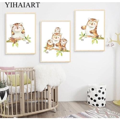Woodland Animal Wall Art Canvas Print Cute Owl Family Poster Baby Nursery Cartoon Painting Nordic Kids Child Bedroom Decor