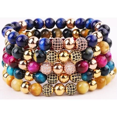 New Fashion 8mm Mix Natural Stone Colorful Tiger Eye Beaded CZ Pave Ball Charm Elastic Bracelet For Women Men Jewelry Gift