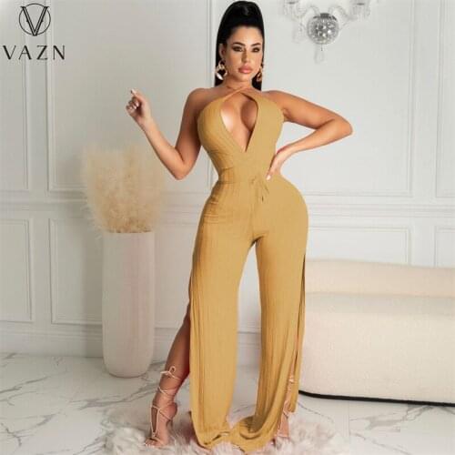 VAZN New 2021 Office Formal Lady Halter Solid Fashion Lady Beach Style Jumpsuit Sexy Holiday Shinny Jumpsuits