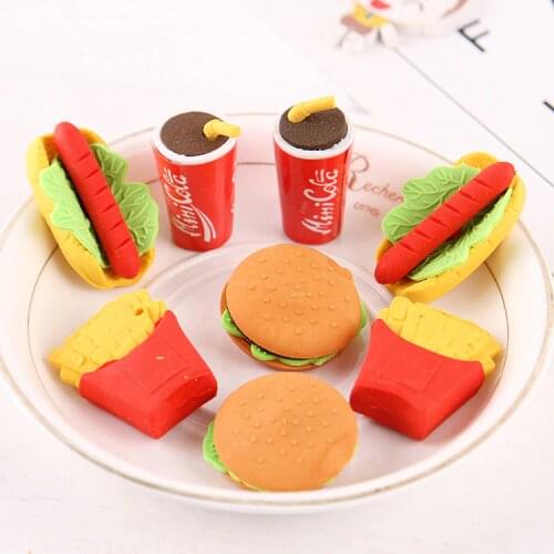 Wholesale 48pcs hamburger hot dog sandwich food erasers for kids children pencil eraser school stationary supplies rubber gomma