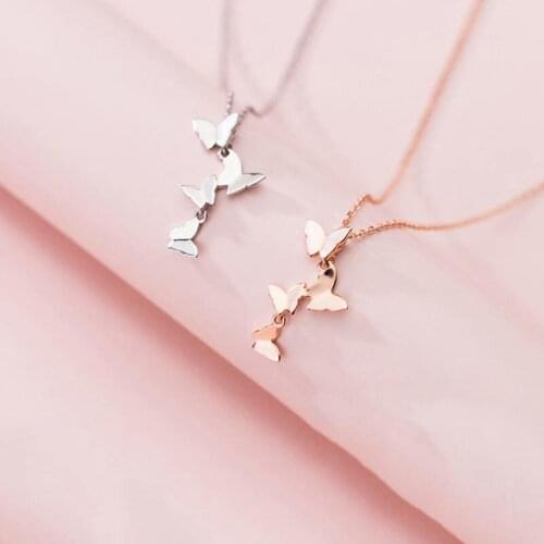 Real 925 Sterling Silver Stacked Butterfly Pendant Necklace For Fashion Women Party Fine Jewelry Bohemian Accessories