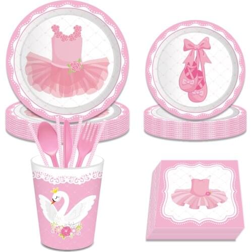 Pink Ballet Theme Happy Birthday Party Tableware Party Decoration Baby Shower Disposable Dinner Dessert Plates Kids Party Favors