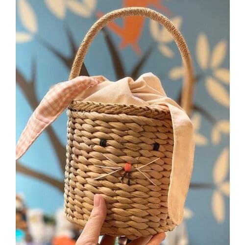 Korean Style Straw Bucket Bags for Kids Woven Purses and Handbags Cute Little Girl Rattan Beach Basket Hand Bags Tote