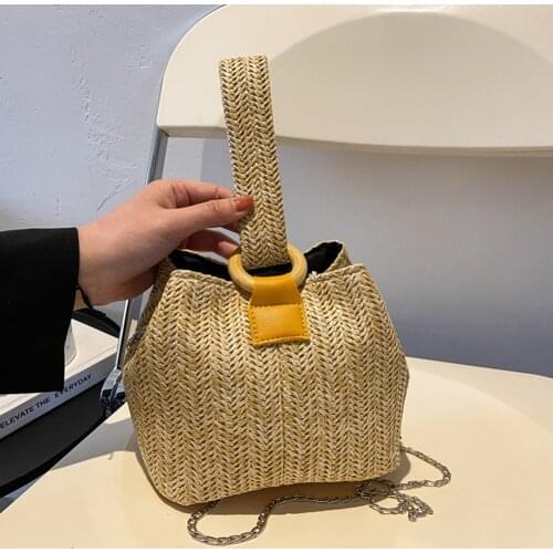 Summer Womens Bag Straw Woven Shoulder Crossbody Messenger Bucket Bag Casual Ladies Beach Chain Small Purses and Handbag Bolsas