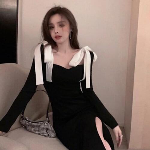 Vintage Bow Tie Straps Bodycon Gothic Black Dress Women Streetwear Black Sexy Split Mini Female Dress Casual Party Club Dress