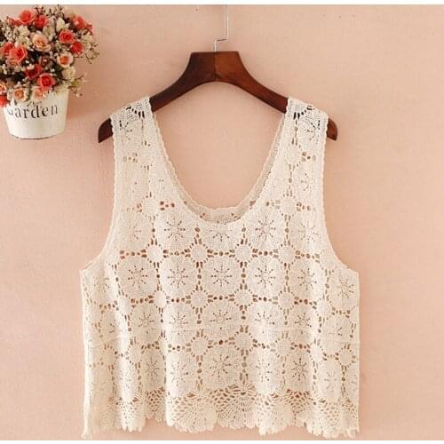 Spring and autumn fashion new short cut openwork knit outer wear sleeveless lace blouse women foreign style casual all-match