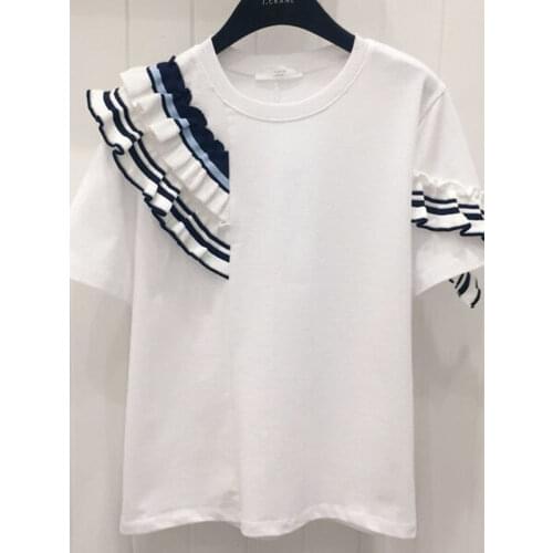 Summer Chic Stitching Wooden Ear Round Neck Short-sleeved T-shirt Womens Casual Wild T-shirt Tide Korean Ruffles Tees WA396