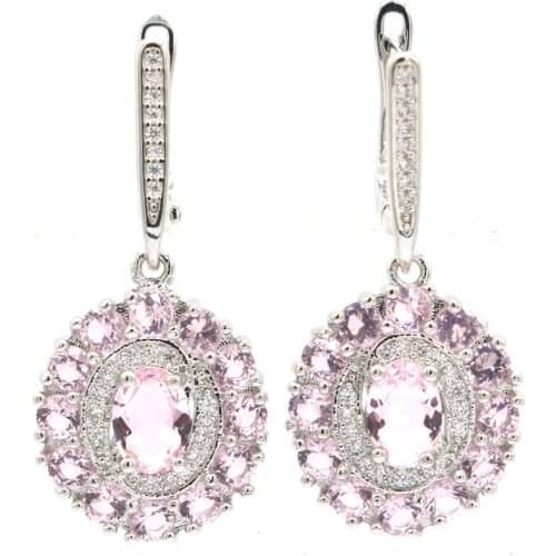 49x25mm European Design Pink Morganite White CZ Women Dating 925 Sterling Silver Earrings