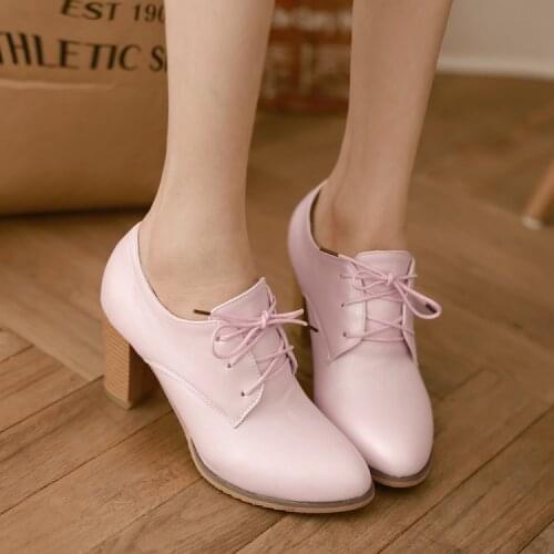 PXELENA New 2018 Autumn Women Pumps Office Lady Square High Heels Shoes Round Toe Lace Up Heels Oxfords Comfort Plus Size 34-43