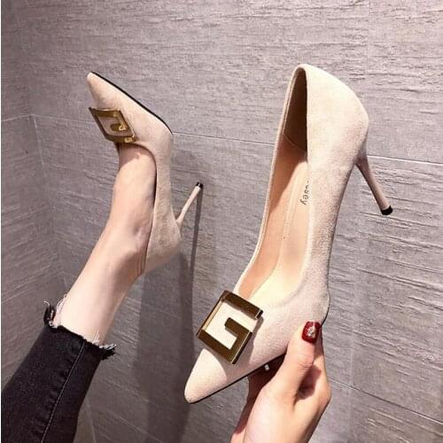 2021 Autumn New Flock Pointed Toe Black Color High Heels Women Shoes Plus Size 41 42 43