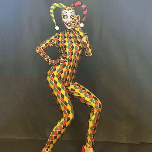 Long Sleeve Colorful Plaid Women Jumpsuits Tight Stretch Bodysuits Role-Playing Costumes Halloween Rave Festival Outfit