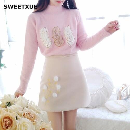 SWEETXUE Autumn Fashion New Sweater Skirt Suit Solid Color High Collar Printed Knit Top High Waist Mini Skirt 2-Piece Set Female