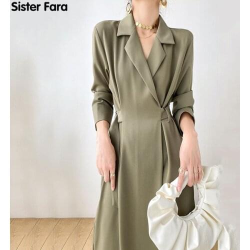 Sister Fara Elegant Lace Up Notched Summer Womens Dress 2021 Long Sleeve Straight Loose Mid Dress Spring Casual Womens Dresses