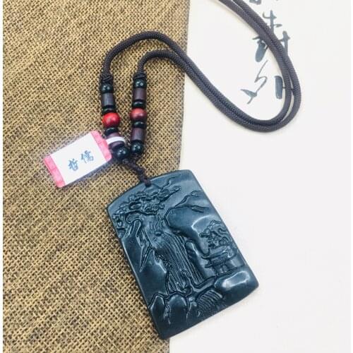Zheru natural and Tian Moyu carved mountain water pendant with sandalwood beads necklace men and women sweater chain