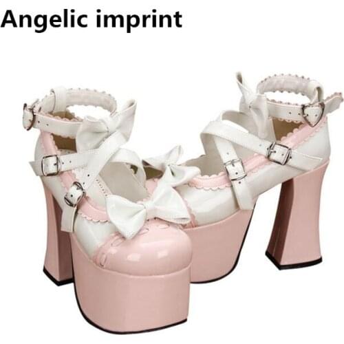 Angelic imprint woman mori girl lolita cosplay shoes lady high heels pumps women princess dress party shoes 12.5cm 33-47 bowties