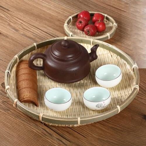 Handmade Bamboo Weave Round Storage Tray Fruit Dish Rattan Bread Basket for Picnic Sundry Container