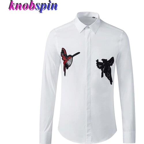 Brand Business male Dress Shirt Long sleeve Slim Bird Embroidery Camisas Casual Solid Color Clothing Camisas Plus size M-3XL