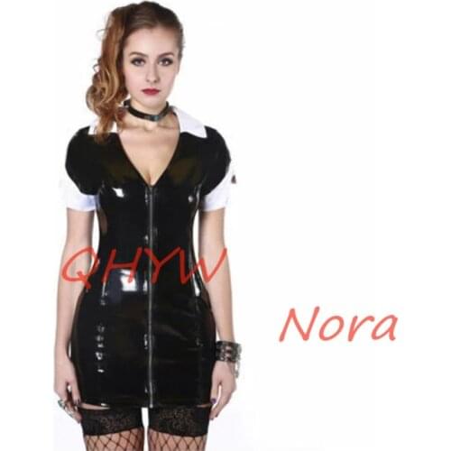 Black Rubber Fantasy Sexy Nurse Latex Rubber Clubwear Mini Club Backless Dress Zip