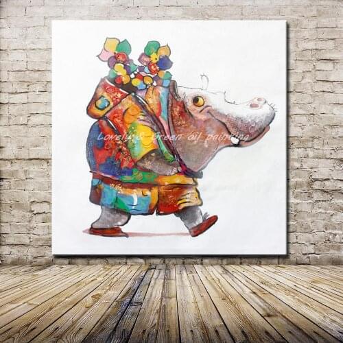 Mintura Pop Art Pictures Hand Painted Cartoon Lovely Biggy Hippo Animals Oil Paintings On Canvas For Living Room Home Decoration