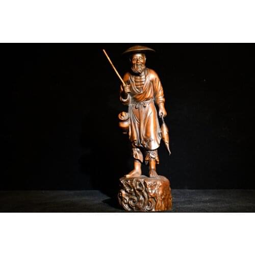 China Lucky Old Boxwood Fisherman statue Fishing expert Take a fishing rod Fish basket Implication More than every year (fish)