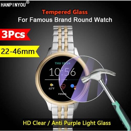 3Pcs For Amazfit Suunto Citizen 22-46mm Diameter Round Watch Clear / Anti Purple Light 2.5D Tempered Glass Film Screen Protector