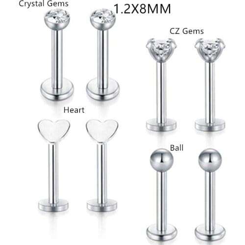 Lot50pcs Body Jewelry 16G Interthreaded CZ Gems Heart Balls Surgical Steel Lip Bar piercing Labret ring Ear Helix Cartilage Stud