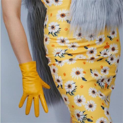 Genuine Leather Gloves 25cm Short Goatskin Female Models Thin Velvet Lined With Ginger Yellow Bright Yellow JH-S00193