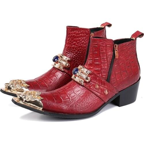 Luxury Botas De Hombre Metal Pointed Toe Man Plus Size 6.5cm High Heel Leather Boots Wedding Party Male Fashion Ankle Boots