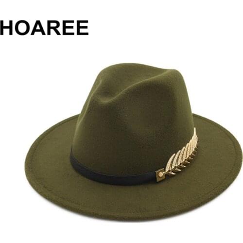 HOAREE Fedora Hat Army Green Women Trilby Woolen Hat Leaf Wide Brim British Style Panama Cap Vintage Jazz Hat